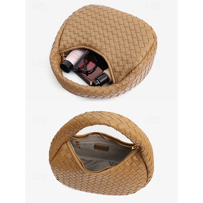 – Leather Round Woven Chic Women's Elegant Ivory Hobo Bag
