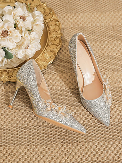 Women's Floral Heels Stiletto Silver with Glitter