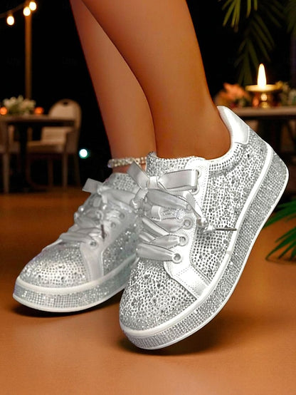 Lace-Up Women's Rhinestone Glamorous Sparkly Sneakers -