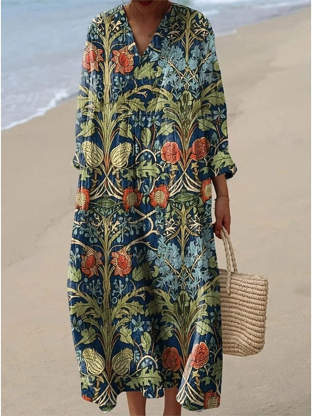 Women's Midi Dress V Neck Long Sleeve Kaftan Lightweight