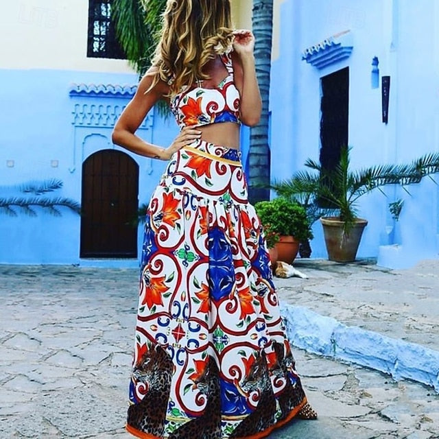 Women's Blouse Skirt Sets Sleeveless U Neck Floral Print