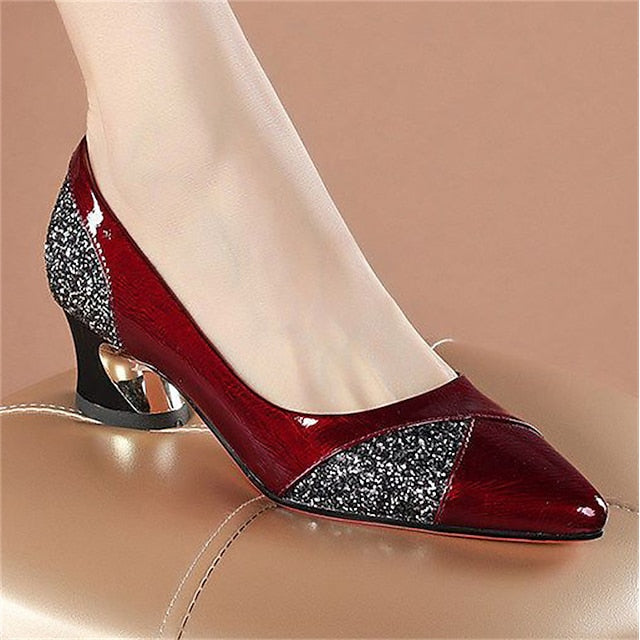 Glitter-Accented Heels Block Patent Leather Faux Women's