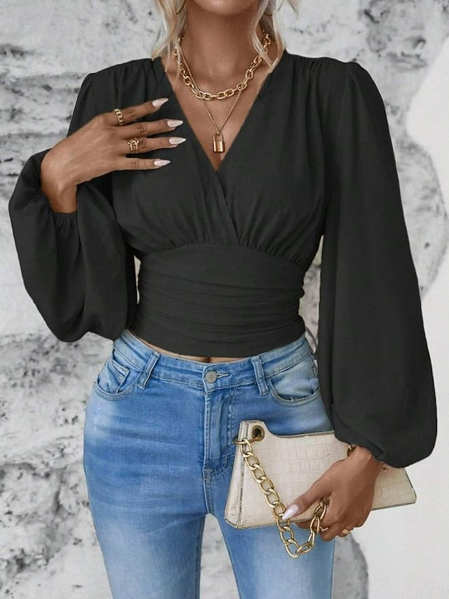 Women's Blouse Stylish Modern Solid Color Ruched Bell