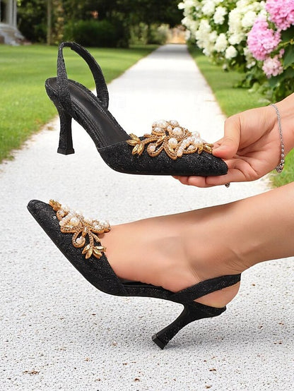 - Slingback Detailing Satin Pearl Women's Heels with Black