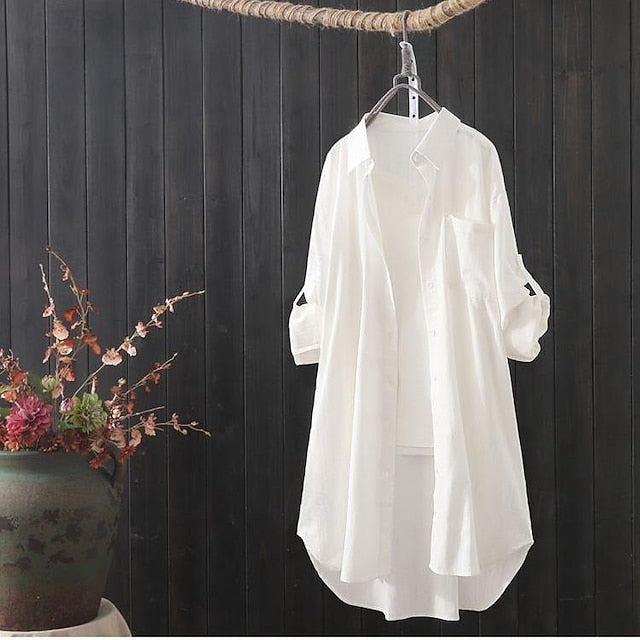 Women's Shirts Faux Cotton Linen Button Up Long Cotton Top