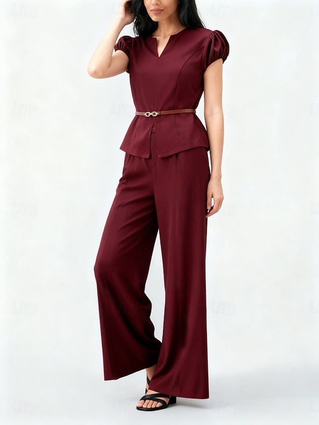 Women's Pants Sets Short Sleeve V Neck Solid Color Elegant