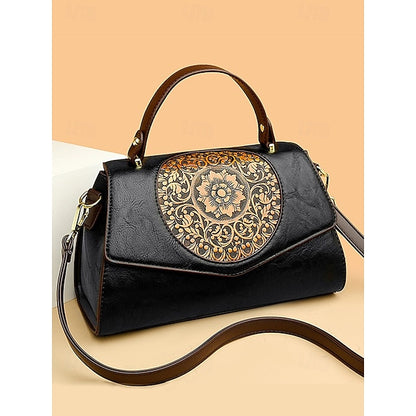 Floral – Faux Vintage Engraved Handbag Leather Women's