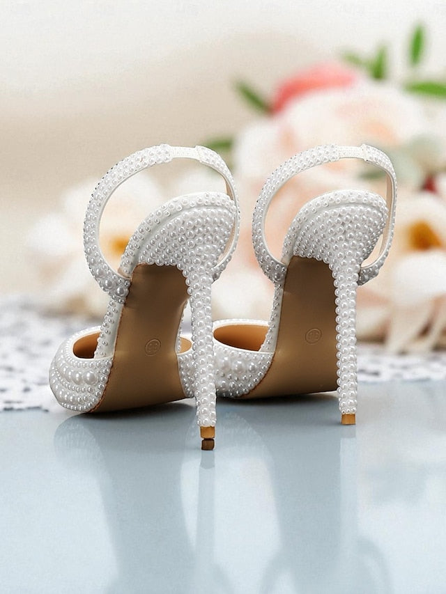 Women's White Leather Heels Slingback Pearl-Embellished -