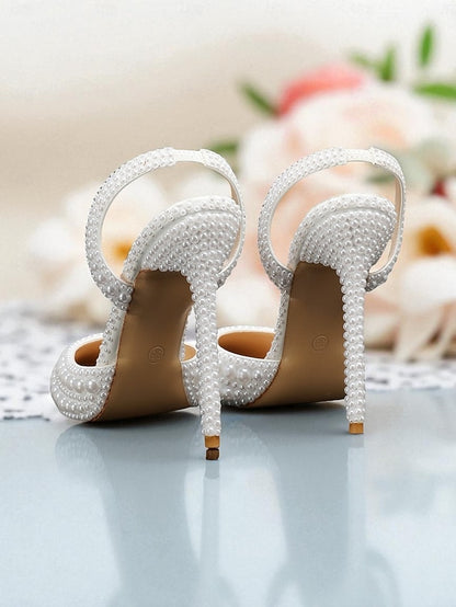 Women's White Leather Heels Slingback Pearl-Embellished -