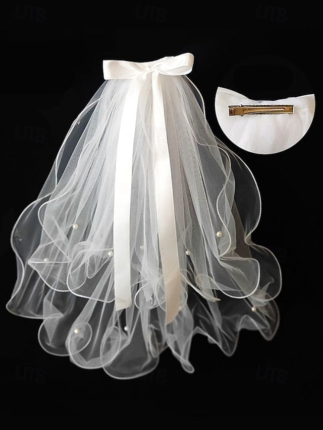 Ivory Ribbon Soft Bridal Satin Tulle and with Elegant Veil -