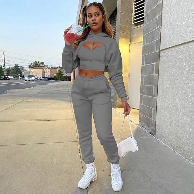 Women's Pants Sets Sleeveless Long Sleeve Round Neck Hooded