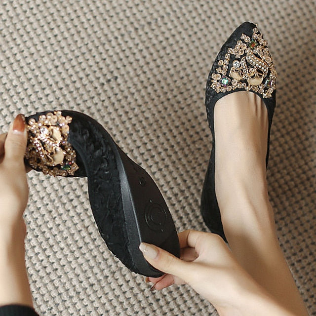 Floral Embellished Women's Flats - Foldable Wedding Crystal