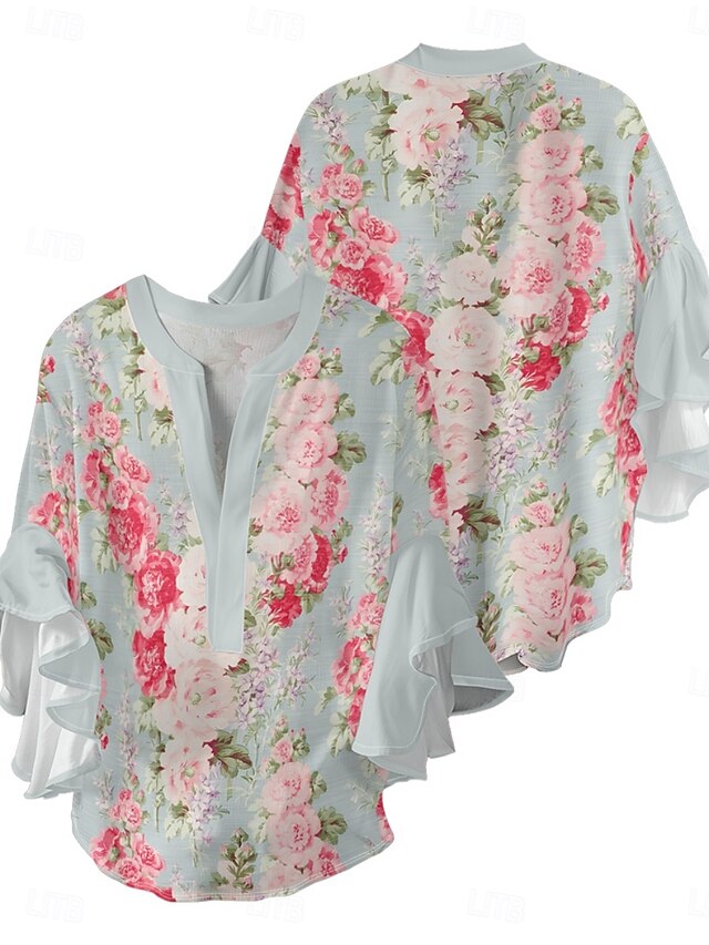 Women's Blouse Ruffle Print Floral Stylish Modern 3/4