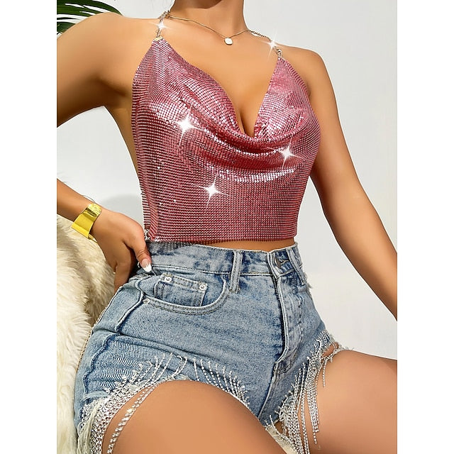 Metallic Chain Camisole Top Sparkle Crop Backless Body Tank