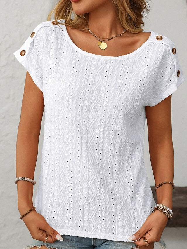 Women's Texture Blouse Eyelet Top Pointelle Tee T Shirt