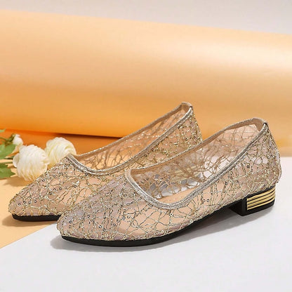 Women's Silver Flats Ballet – Elegant Mesh Sequin