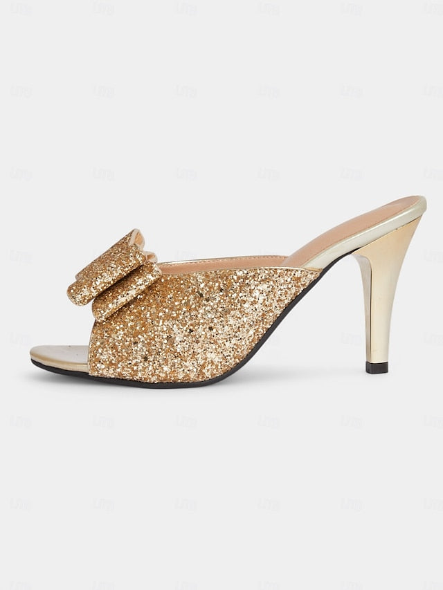 Mules Stiletto Party Gold Glitter Bow – Women's Glamorous