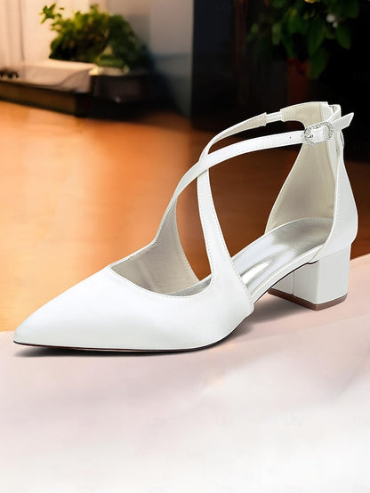 Women's Heels Ivory Elegant Pointed Satin Block Toe -