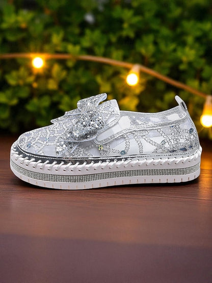 Bow Women's Shoes with Slip-On Lace Rhinestone Black