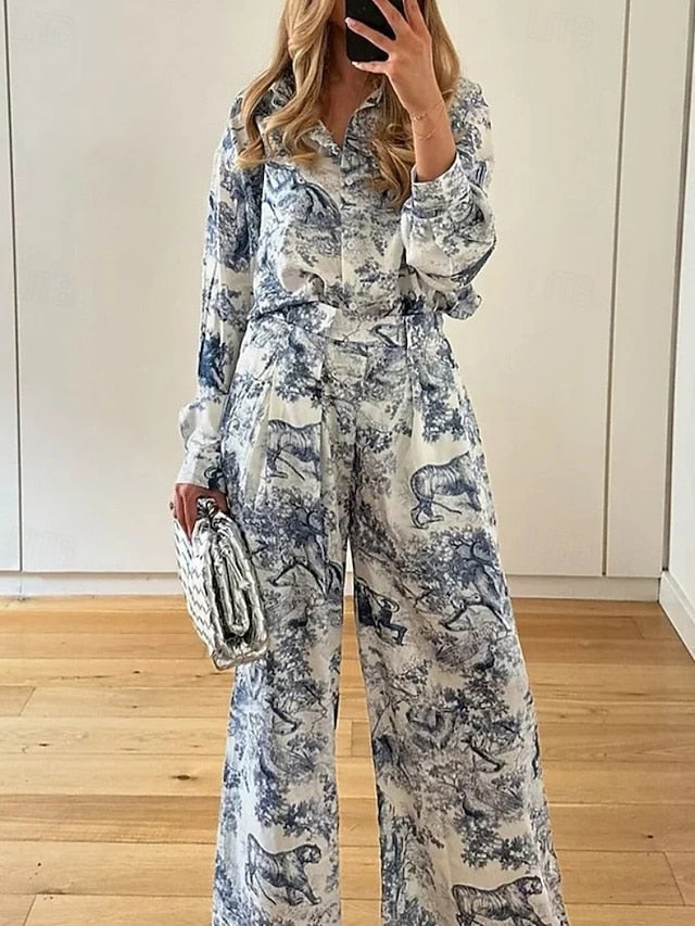Women's Shirt Blouse Pants Sets Long Sleeve Shirt Collar