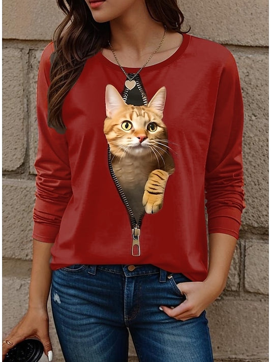 Women's T shirt Crew Neck Long Sleeve Tunic Cat Modern