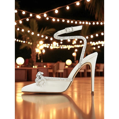 with Heels Bow Rhinestone Stiletto Women's and Black Satin