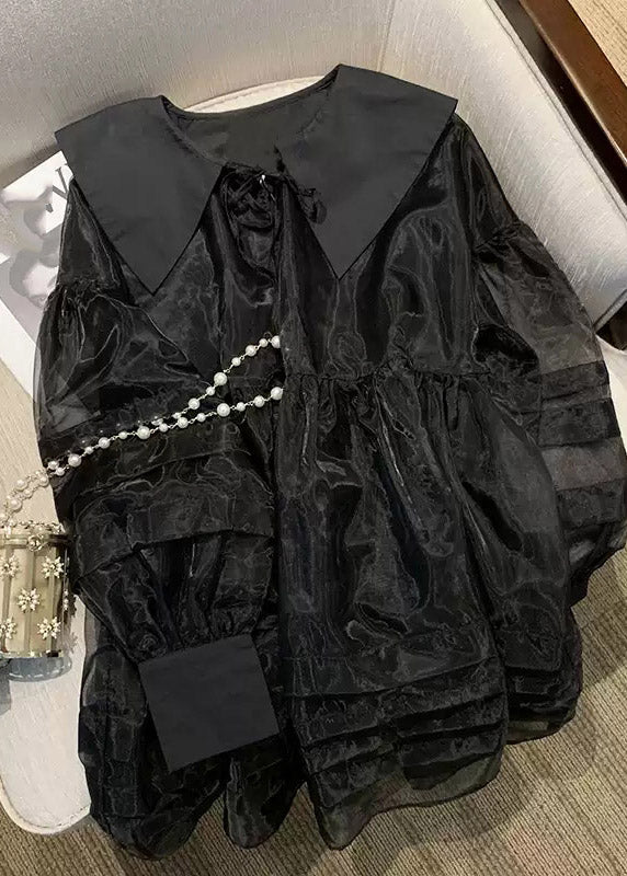 French Black Sleeve Neck V Tulle Long Patchwork Mid Dresses