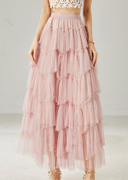 Italian Pink Nail Bead Layered Tulle Beach Skirt Summer AZ1040