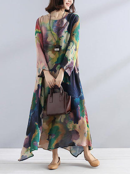 Plus Size Charming Women Casual Loose Floral Long Sleeve Dress LL025