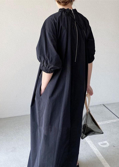 Navy Back Zippered Dress Half Women Cotton Maxi Sleeve