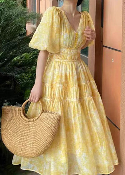 V Long Summer Print Bohemian Yellow Neck Chiffon Dress