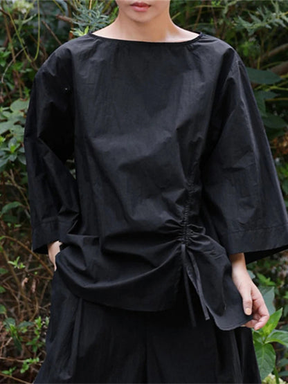 Casual Cotton Top Drawstring Sleeve Khaki Half Asymmetrical