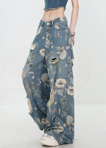 High Hole Print Denim Unique Blue Waist Summer Pants