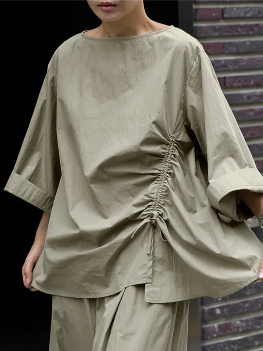 Casual Cotton Top Drawstring Sleeve Khaki Half Asymmetrical