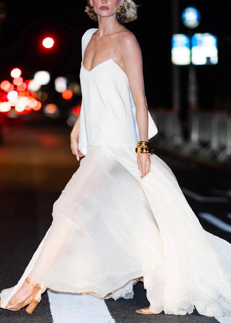 French White Wrinkled Patchwork Silk Spaghetti Strap Dress Summer EE028