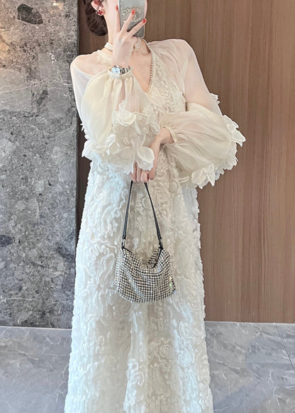 Beige Patchwork Italian Tulle V Spring Dresses Lace Neck Long