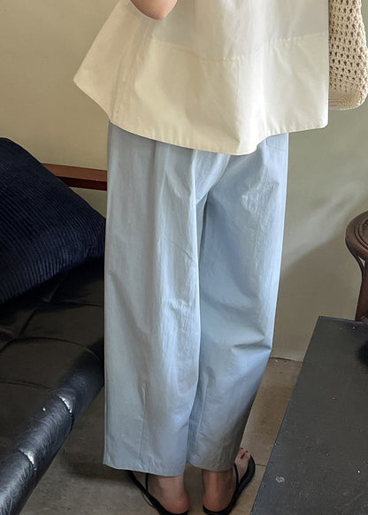 Blue Summer Solid Pants Loose Cotton Elastic Crop Waist