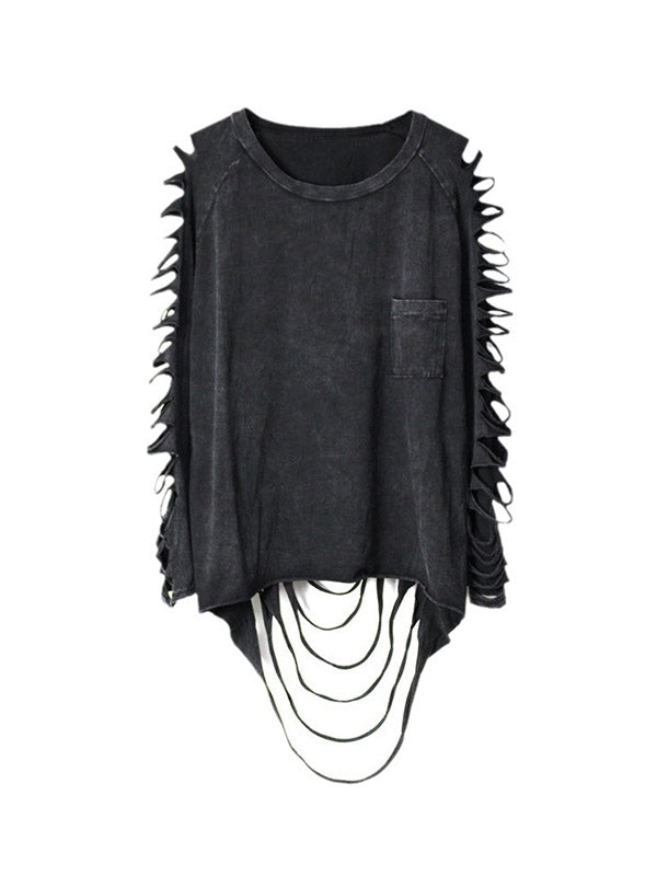 Black Sleeves T-shirt Out Long Round-neck Street Loose Hollow
