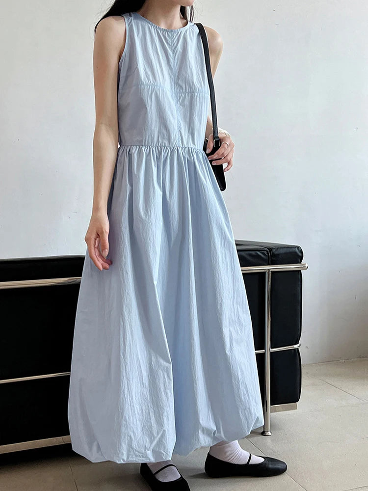 Patchwork O-neck Dress Simple Sleeveless Blue Puff Hem