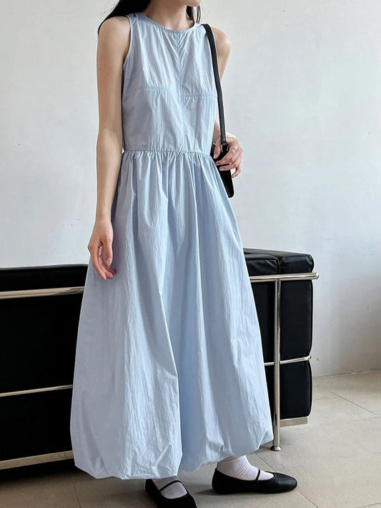Patchwork O-neck Dress Simple Sleeveless Blue Puff Hem
