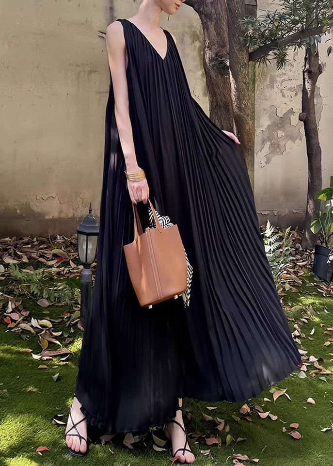 Wrinkled Summer Neck Chiffon Dresses V Long Pockets Black