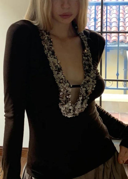 Spring U Neck Boho Coffee Top Sequins Silk