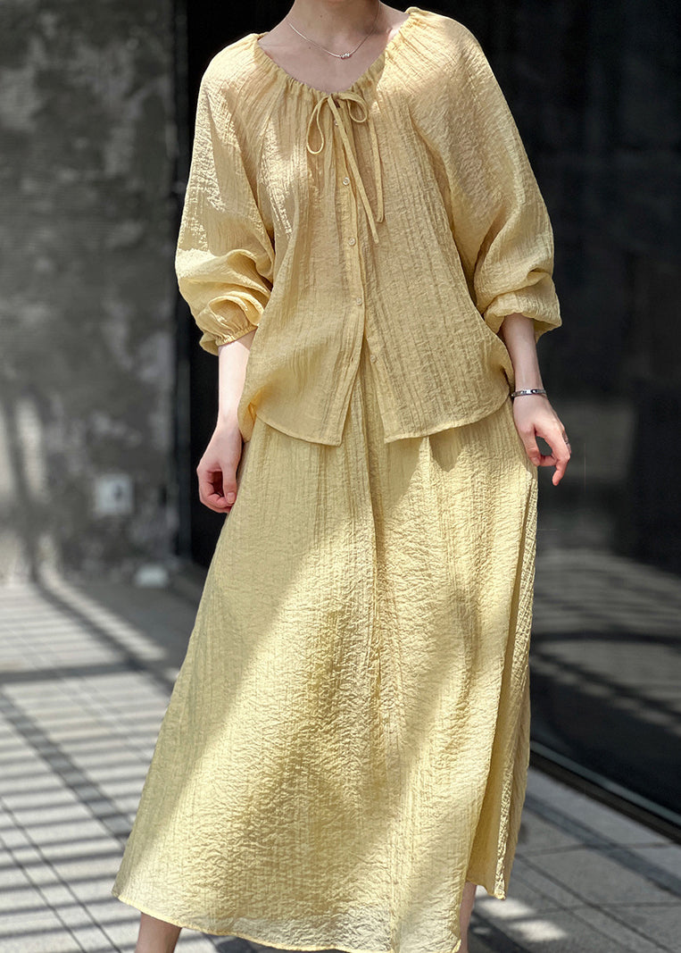 French Cotton Two And Up Pieces Set Skirts Yellow Tops Lace