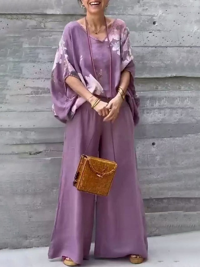 Women's Cotton Linen Shirts Blouse Pants Sets Half Sleeve V