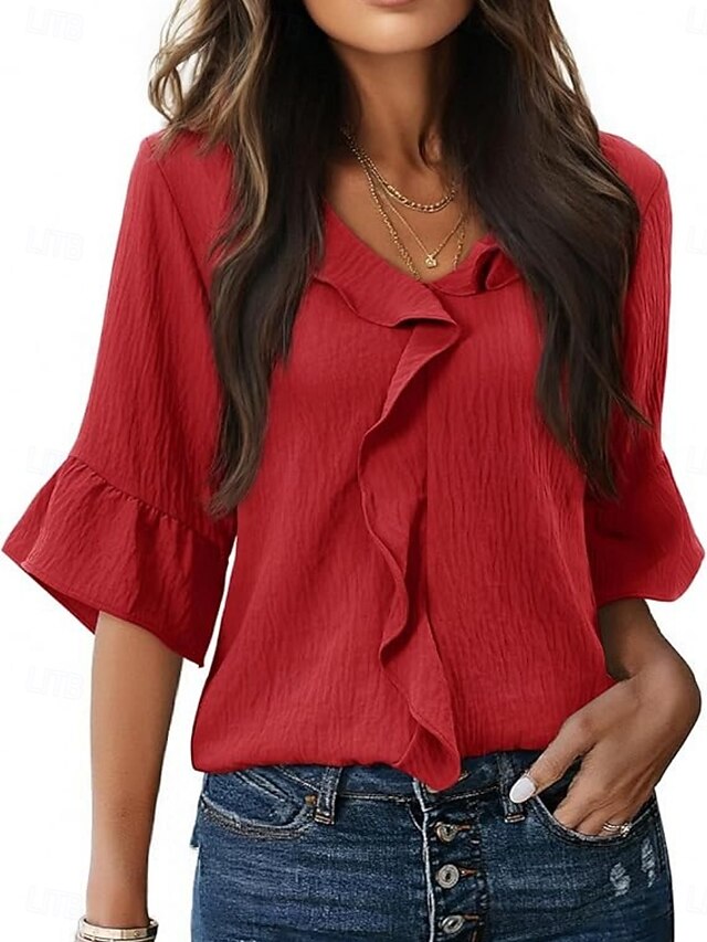 Women's Blouse Ruffle Solid Color Stylish Basic Casual 3/4