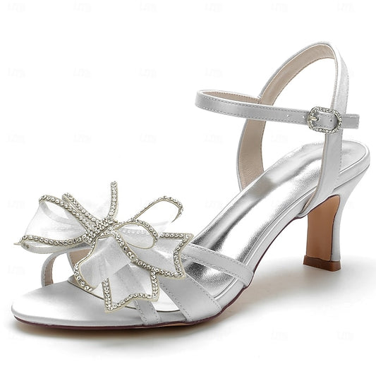 Kitten Detail Sandals with Bridal Heel Luxury Rhinestone Bow –