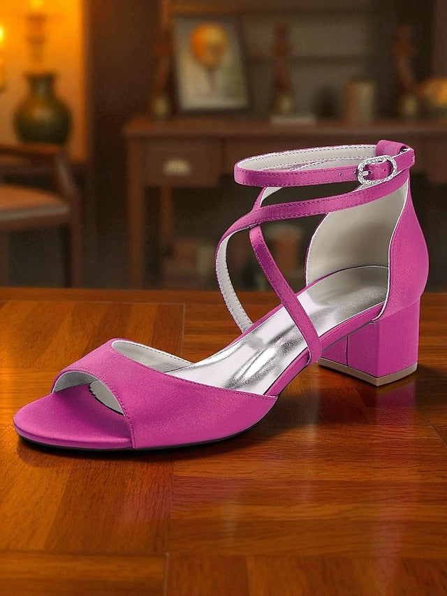 Strap Elegant Block - Satin Sandals with Ankle Women's Heel