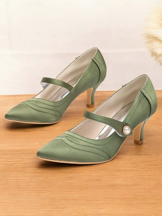 Button Elegant Green Satin Heels - with Pearl Jane Mary