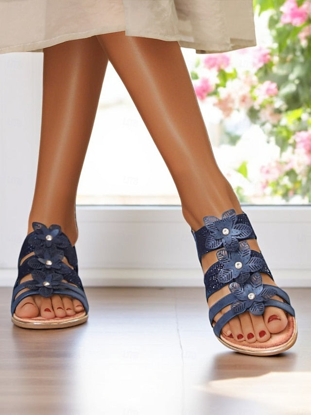 Floral Rhinestone Sandals Flat Women's Beige – Elegant