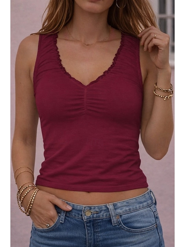 Women's Tank Top Slim fit top Ruffled Pleats Solid Color